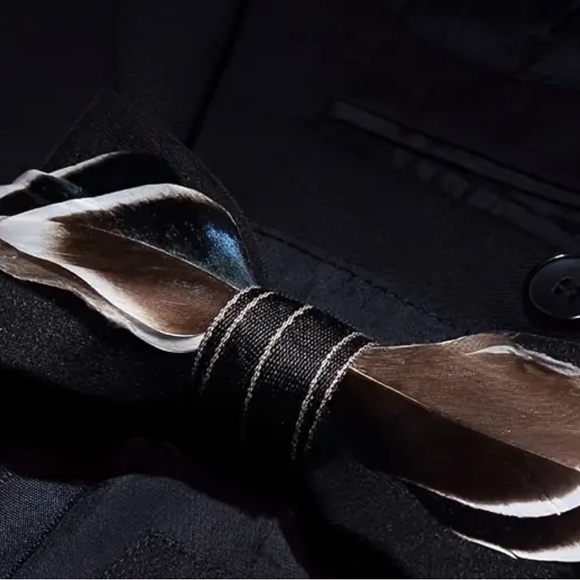 Elegant Feather Bow Tie & Lapel Pin - Picture 2 of 4